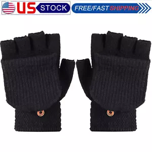 Men Women Winter Wool Knitted Convertible Mittens Flap Fingerless Gloves Thermal - Picture 1 of 12