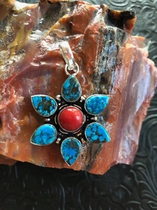 Turquoise Coral Sun FlowerPendant 1.75" Artisan Southwest - Picture 1 of 4