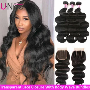 UNice Malaysian Body Wave Human Hair Extension 3 Bundles With Lace Closure Weave - Picture 1 of 12