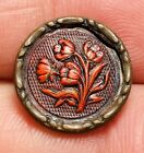 Antique Vintage Rare Red Ivoroid Celluloid In Metal Picture Button Flowers 1/2?