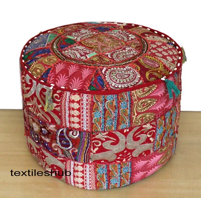22" Indian Vintage Handmade Red Round Ottoman Pouf Cover Patchwork Footstool  - Image 1 of 3