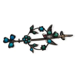 Broche victoriano de plata con pájaro y flor, pieza sentimental de joyería, 1890 - Foto 1 di 10