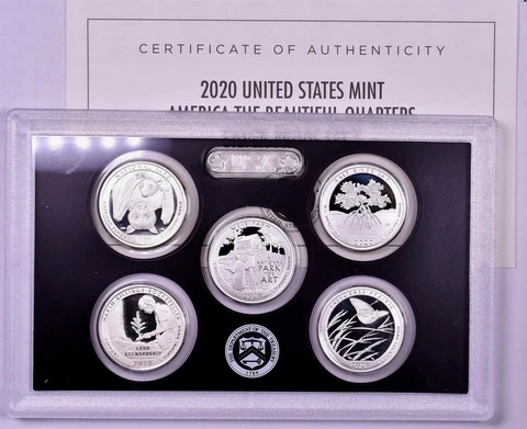 2020 America The Beautiful Quarters 5 Coin Silver Proof Set With Box & COA Cover