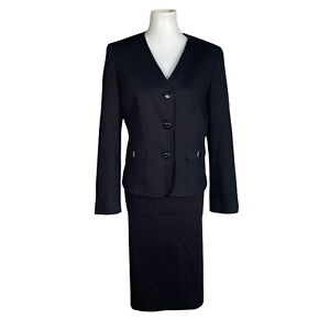  KASPER Women 2PC Black Cotton Spandex Collarless Skirt Suit Size 12