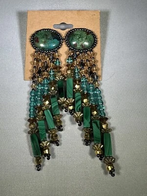 Malaquita navajo artesanal y cuero turquesa trasero colgante 3-3/4 pulgadas Foto 1 de 4