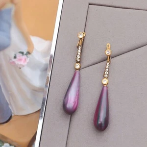 Orecchini Clip On Non Forato Pendente Zirconia Cubica Goccia Resina Viola SC2 - Foto 1 di 8