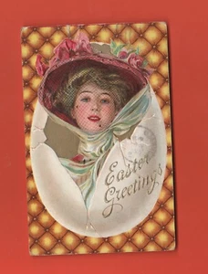 POSTAL DE SALUDOS DE PASCUA VINTAGE DE 1912 MUJER BONITA - Imagen 1 de 2