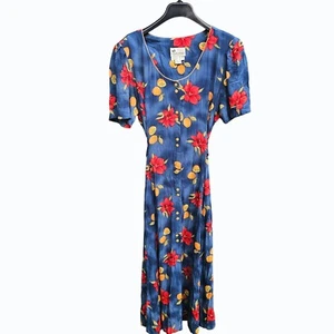 Vintage 80er 90er Kurzarm Blumen Obst Midikleid Knopfleiste künstlerisch bunt Y2K - Bild 1 von 9