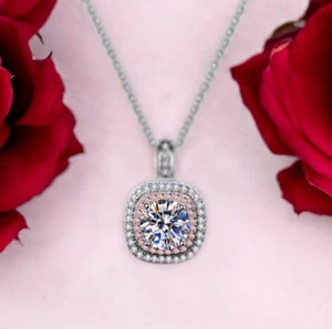 18K 925 Sterling Silver 1CT Round Cut Moissanite Pink Inlaid Pendant Necklace - Picture 1 of 3