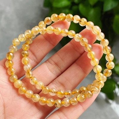 5mm 2pcs Natural Gold Rutilated Quartz Crystal Beads Bracelet - Image 1 of 4