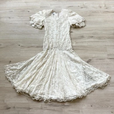 Vtg 80s Laurence Kazar Ivory Dress Pearls Beaded Gown Art Deco Gatsby Medium - Image 1 of 4