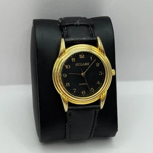 33mm Working Gillex Gold Plated Ladies Black Dial Strap Quartz Watch 6.5 Inches - Picture 1 of 17