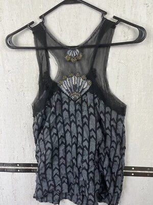 Camiseta sin mangas Chevron Silence Noise para mujer talla pequeña malla envejecida con cuentas 100 % seda Foto 1 de 4