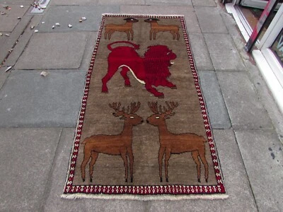 Vintage Traditional Hand Made Oriental Gabbe Wool Brown Rug 197x96cm Animal Lion - Image 1 of 4
