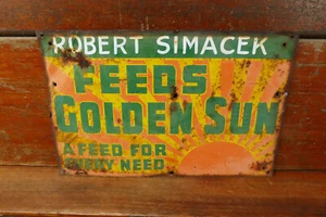 RARE Vintage Early Original GOLDEN SUN FEEDS Farm Tin Metal Advertising Sign - Picture 1 of 7