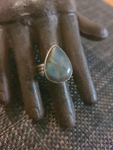 VINTAGE STERLING SILVER labrodite TEAR DROP STONE WIDE BAND LARGE RING SZ 10.5 - Picture 1 of 4