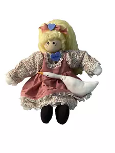 VTG Doll w/Duck Round Wooden Head Shelf Sitter Blonde Hair Body is Wooden, 12" - Picture 1 of 4