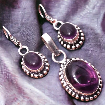 Amethyst Sterling Silver Plated Handmade 3-Piece Fashion* Set w/20” Chain Gift - Image 1 of 4