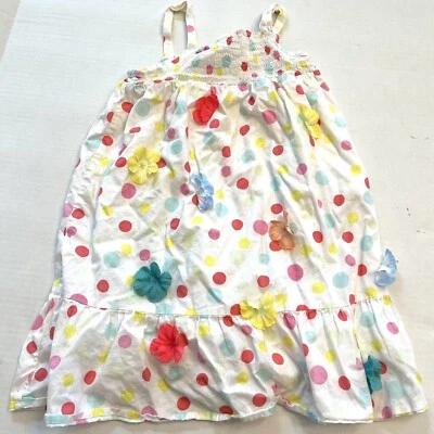 GK OshKosh Girls White Dress w/ Color Polka Dots Cotton w/Color Flowers-4T - Image 1 of 4