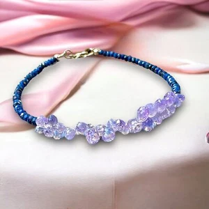 Handmade Natural Purple Blue Sapphire Bracelet Solid 14K Yellow Gold 585 - Picture 1 of 12