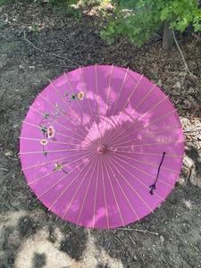 VTG Asian Parasol 28” Pink Satin Silk Rare Embroider Flowers Bird Japan Or China - Picture 1 of 5