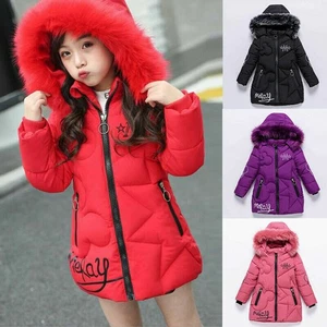 Girls Thick Coats Kids Hooded Padded Thick Parka Long Fur Warm Jacket Winter H - Picture 1 of 34