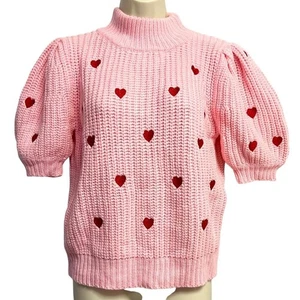 English Factory Sweater Small Pink Puff Sleeve Red Heart Knit Valentine's Day - Picture 1 of 14