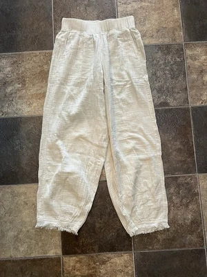 Calça Prana Hideaways Feminina XS Amêndoa Elástica Bolsos Cintura Gaze Franja Bainha - Imagem 1 de 4