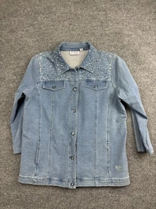 Quacker Factory DreamJeannes Jacket Womens Large Blue Denim Rhinestone Snap - Picture 1 of 5