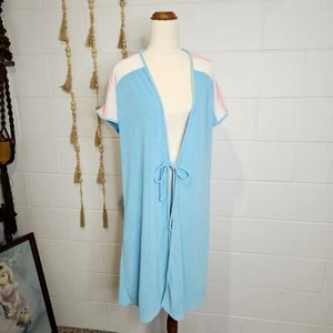 Vintage Blue Terrycloth Robe 70s Pool Beach Cover-up Missing Belt - Picture 1 of 9