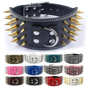 4 Row Wide Spiked & Studded Leather Dog COLLAR Medium Large Pet Collars M L XL - Picture 1 of 22