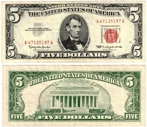 1963 USA United States Notes 5 Dollar Banknote P383 Red Seal Circulated q - Picture 1 of 1