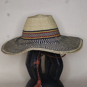 West African Hand Made Straw Summer Hats W/ Gen Leather Draw String 1 Of A Kind - Picture 1 of 24