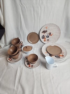 Texas Ware Melmac Melamine Plates Cups Creamer Sugar 24pcs Brown Churn Coffee - Image 1 of 4