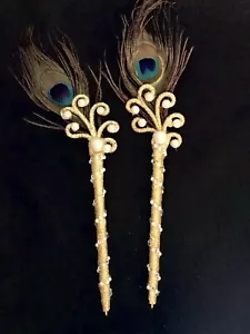2 Glitter Peacock Wedding Pen Nikkah Signing Pen Pearl Gold Guest Book Accent - Picture 1 of 5