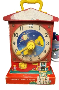 Vintage 1962 Fisher Price Teaching Clock #998 Music Box School House Toy Red Yel - Picture 1 of 11