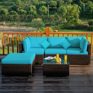 5PCS Rattan Patio Conversation Set Outdoor Furniture Set w/ Ottoman Turquoise - Picture 1 of 10