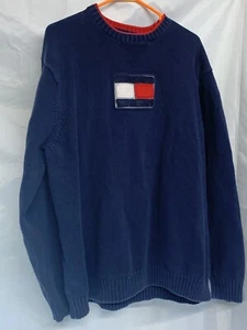 Vtg Tommy Hilfiger Mens Knit Sweater Navy Blue Logo Crew Neck Pullover Sweater - Picture 1 of 3