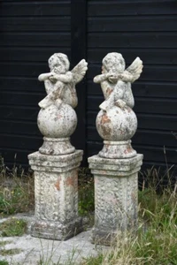 Rare Pair of Antique Terracotta Cherub Garden Sculptures on Pedestals - Picture 1 of 8