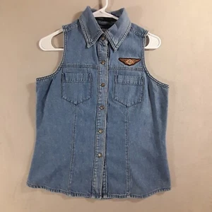 VTG Harley Davidson Denim Shirt womens Extra small sleeveless Embroidered 90s - Picture 1 of 9