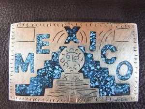 Pre-Owned Unique Men's Custom-Made Mexican Silver Turquoise Belt Buckle - Picture 1 of 3
