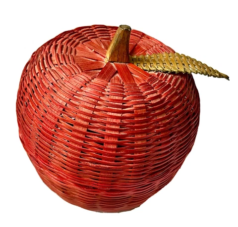 Red Apple Basket Box Lid Wicker Rattan Wood Stem 6” Fruit Trinket Box Vintage Cover