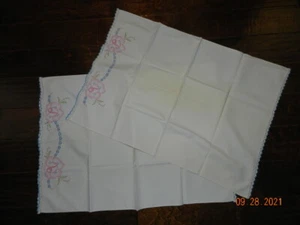 4PC Set Vtg 2 Pillowcases, top Sheet, dresser runner EMBROIDERED pink floral  - Picture 1 of 11