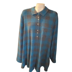 SOFT SURROUNDINGS Plaid Tunic Shirt 2X Blue Gray Long Sleeve Button Front Top - Picture 1 of 11