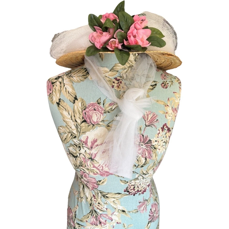 Vintage Womens Floral Straw Hat White Wide Brim Tulle Netting Romantic Wedding - Image 1 of 4