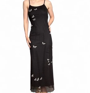 Vintage Y2K City Triangles Black Mesh Long Dress White Embroidered Butterflies M - Picture 1 of 8