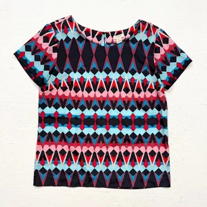 Top J.Crew stampa geometrica XS manica corta blusa leggera colorata retrò - Foto 1 di 7