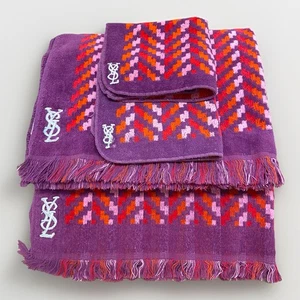 Vintage 1970s Yves Saint Laurent Towel Set x 4 Purple Geometric YSL Monogram  - Picture 1 of 23