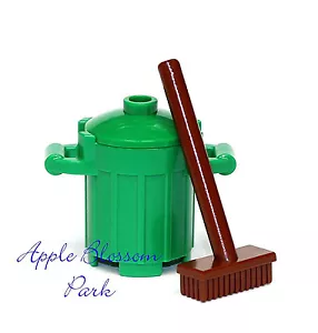 NUOVO Lego Minifig PATTUMIERA VERDE E SCOPA MARRONE Città Spazzatura Barile Contenitore Bidone - Foto 1 di 1