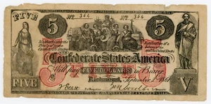 1861 SEPT 2 CSA CONFEDERATE $5 DOLLAR BILL NOTE UPHAM COUNTERFEIT JFJ 16 - Picture 1 of 2